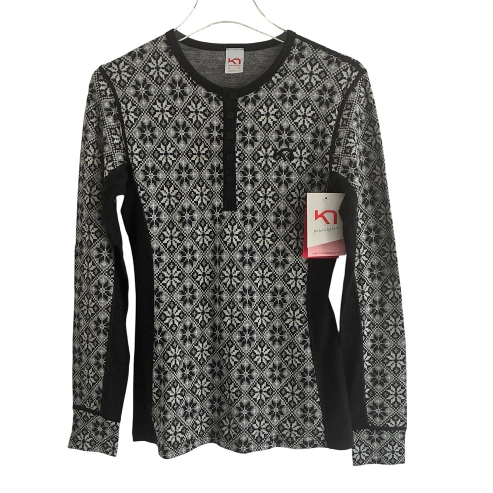 Kari Traa 100% Wool Base Layer Henley Top M Nordic Print Black Gray NWT - Picture 2 of 11